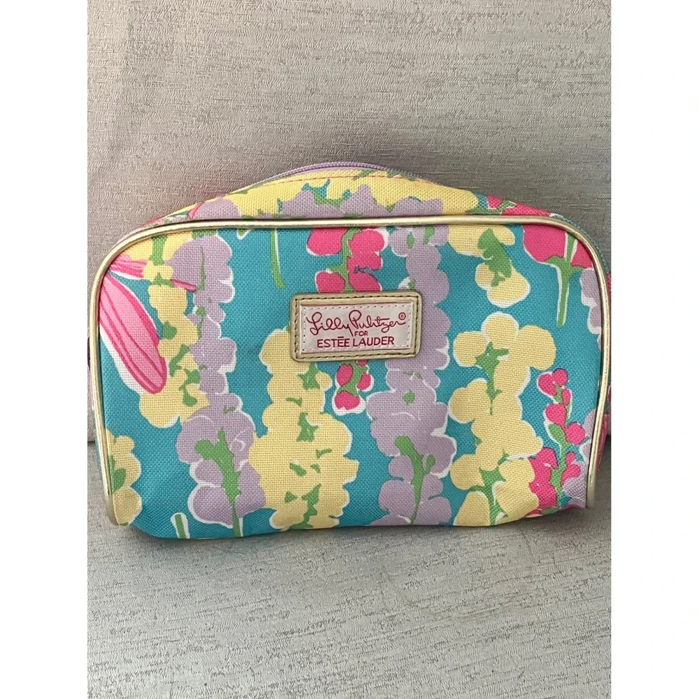 Lilly Pulitzer for Estee Lauder Floral Makeup Bag Cosmetic Pouch Blue Pink Gold